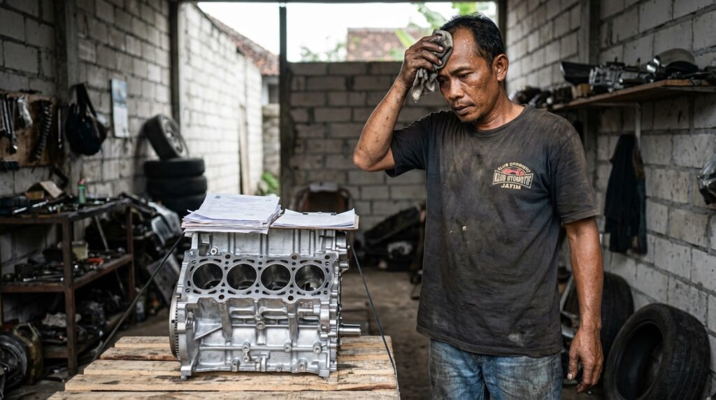 Proses cek fisik nomor mesin di blok silinder oleh petugas Samsat sebagai syarat legal engine swap.