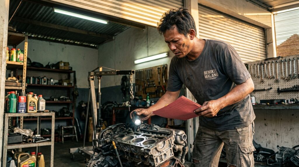Proses cek fisik nomor mesin di blok silinder oleh petugas Samsat sebagai syarat legal engine swap.