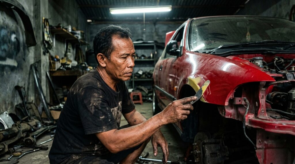 Proses aplikasi teknik dempul mobil tipis menggunakan kape pada bodi mobil klasik untuk restorasi.