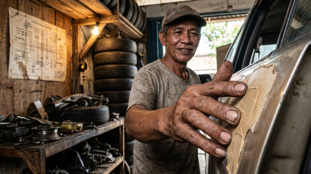 Proses aplikasi teknik dempul mobil tipis menggunakan kape pada bodi mobil klasik untuk restorasi.