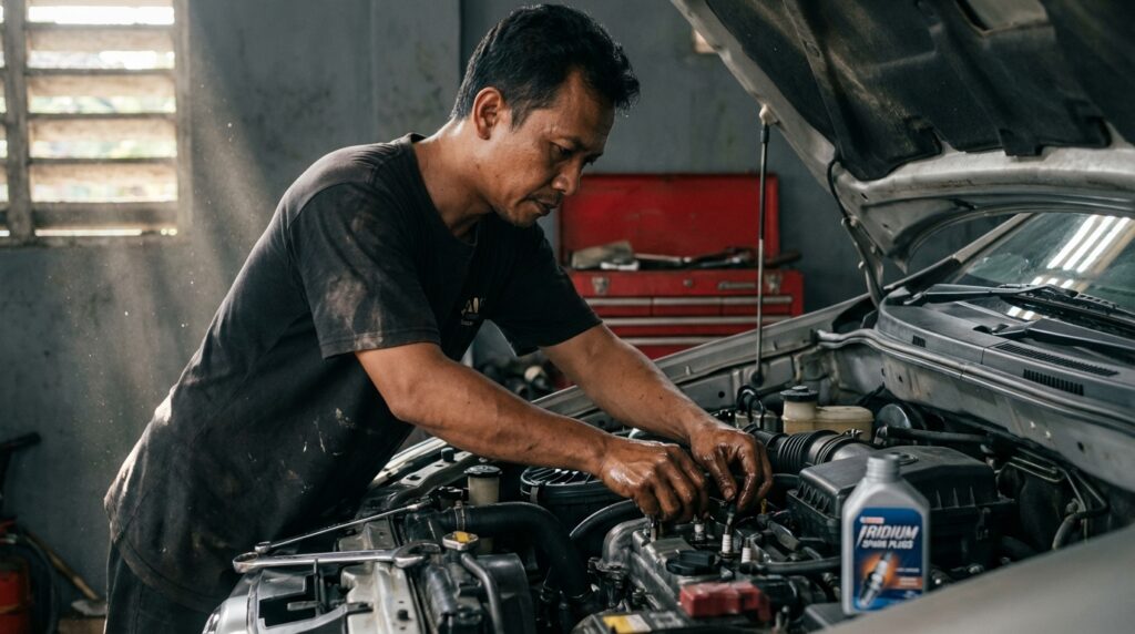 Mekanik sedang melakukan upgrade performa pada mesin Toyota Kijang Innova 2004 bensin untuk mengatasi tarikan berat.