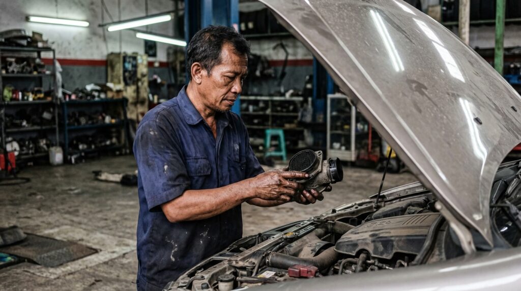 Mekanik sedang melakukan upgrade performa pada mesin Toyota Kijang Innova 2004 bensin untuk mengatasi tarikan berat.