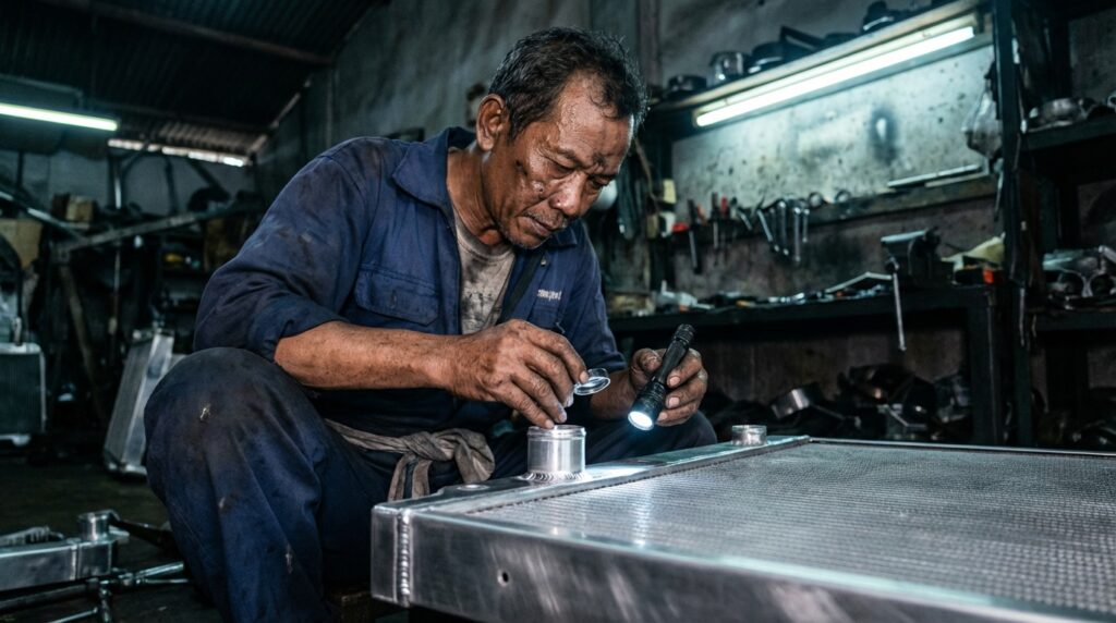 Proses pemasangan radiator aluminium dual core pada mobil sedan tahun 90-an di bengkel spesialis untuk mencegah overheat.