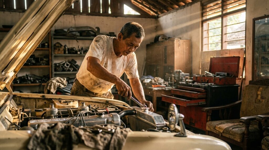 Proses pemasangan radiator aluminium dual core pada mobil sedan tahun 90-an di bengkel spesialis untuk mencegah overheat.