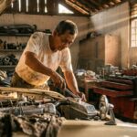 Proses pemasangan radiator aluminium dual core pada mobil sedan tahun 90-an di bengkel spesialis untuk mencegah overheat.