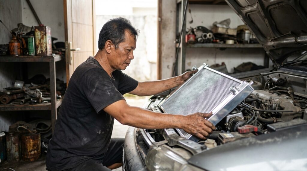 Proses pemasangan radiator aluminium dual core pada mobil sedan tahun 90-an di bengkel spesialis untuk mencegah overheat.