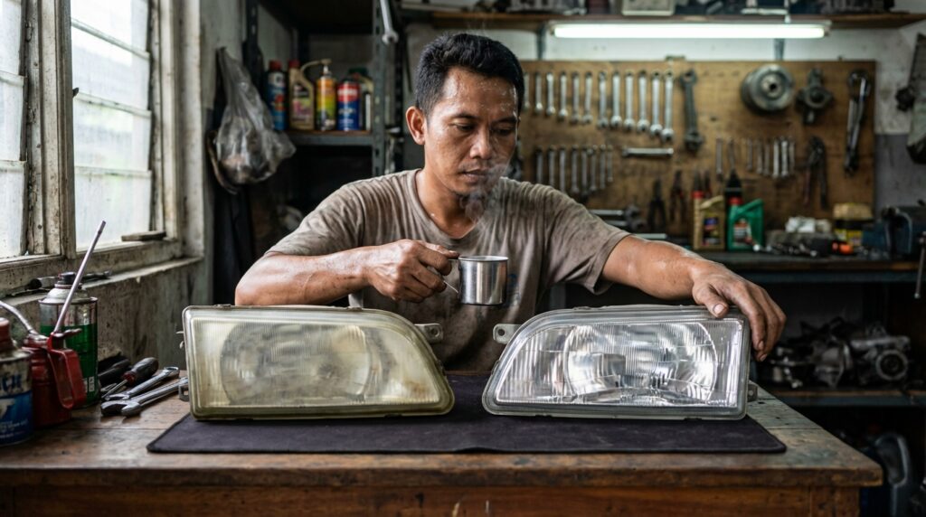 Proses restorasi mika lampu mobil menguning dengan metode wet sanding dan nano burn coating.