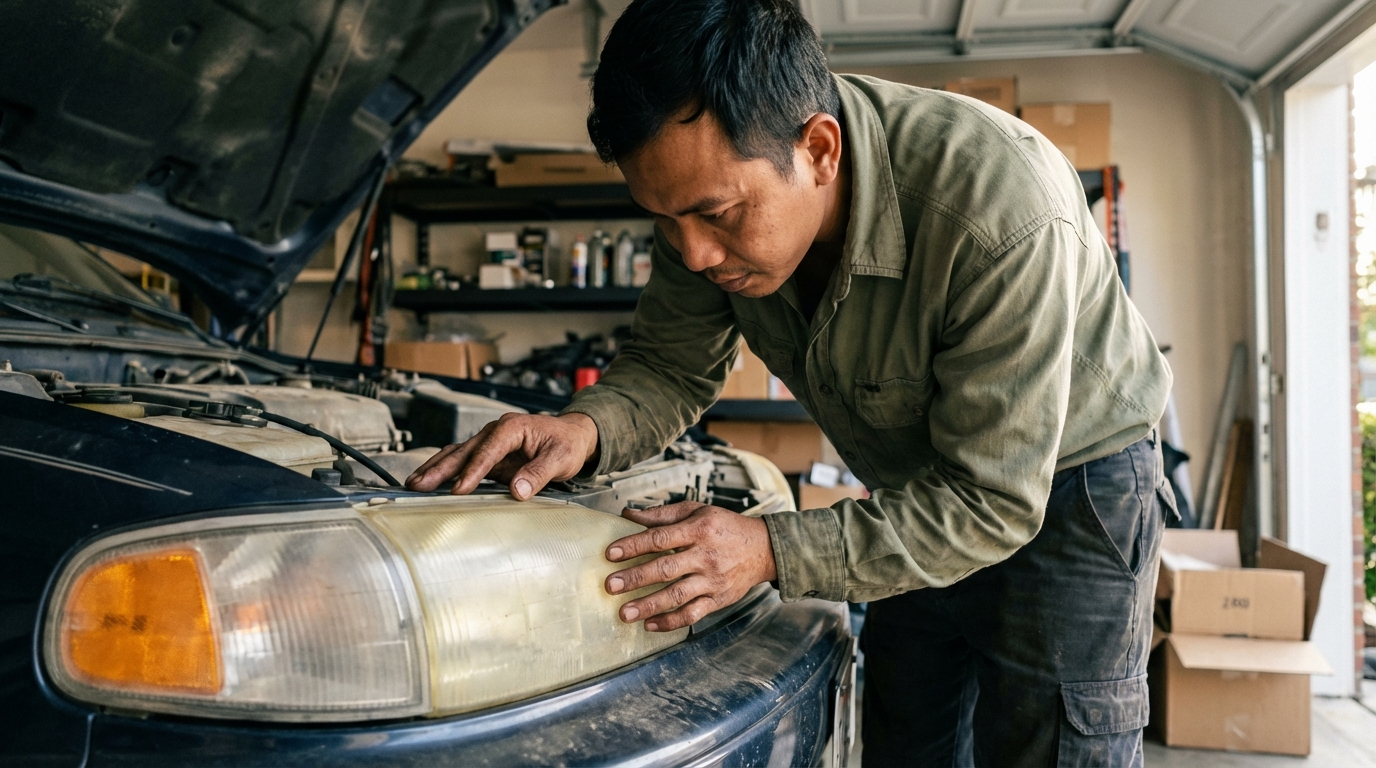 Proses restorasi mika lampu mobil menguning dengan metode wet sanding dan nano burn coating.