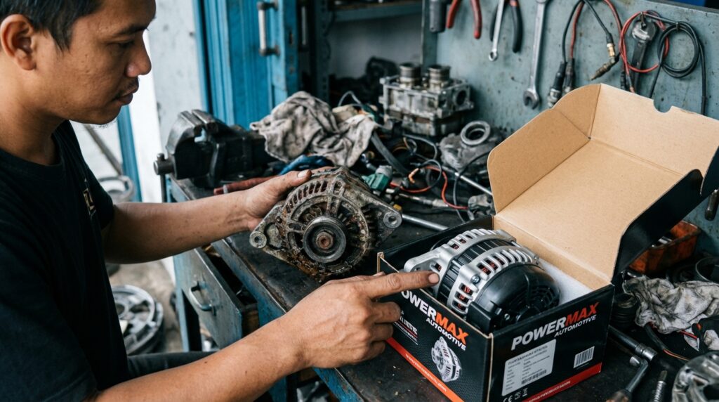 Proses modifikasi upgrade alternator ampere besar pada mesin mobil klasik menggunakan kabel Big 3.