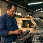 Proses modifikasi upgrade alternator ampere besar pada mesin mobil klasik menggunakan kabel Big 3.