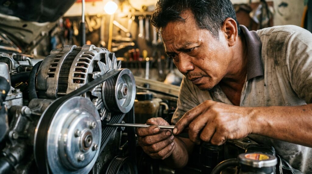 Proses modifikasi upgrade alternator ampere besar pada mesin mobil klasik menggunakan kabel Big 3.