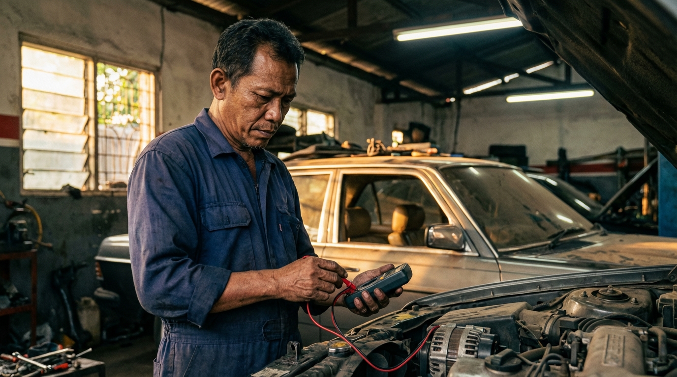 Proses modifikasi upgrade alternator ampere besar pada mesin mobil klasik menggunakan kabel Big 3.