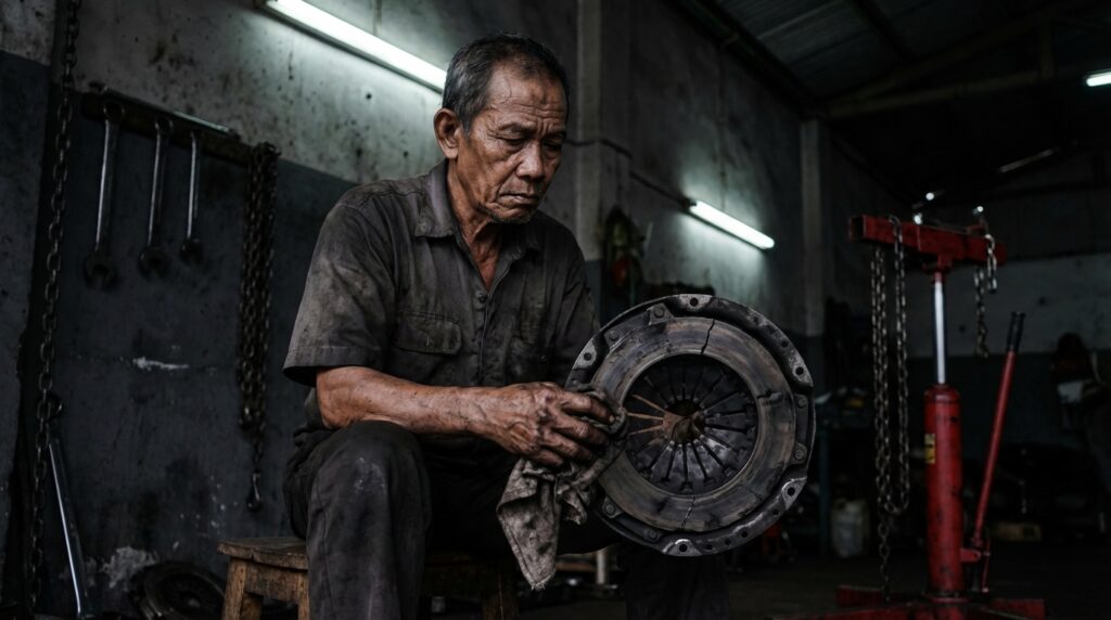 Mekanik sedang memasang set kampas kopling racing dan dekrup matahari pada mesin mobil retro era 90an.