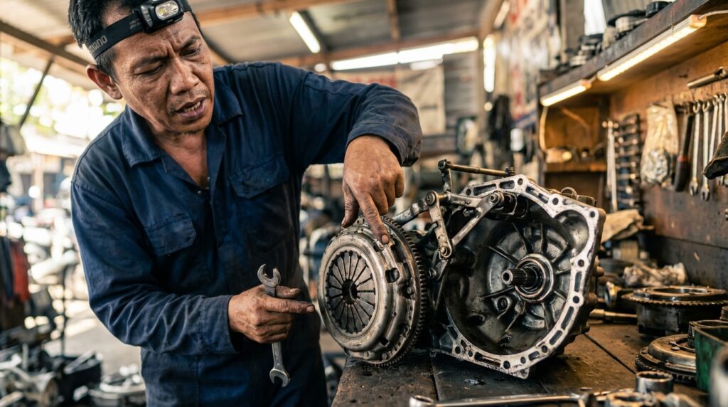 Mekanik sedang memasang set kampas kopling racing dan dekrup matahari pada mesin mobil retro era 90an.